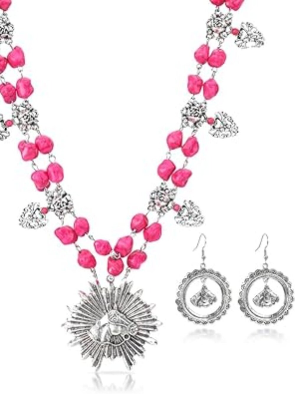 Wrangler 3 Pieces Jewelry Hot Pink Horse Head Necklace and Earrings Montana West
